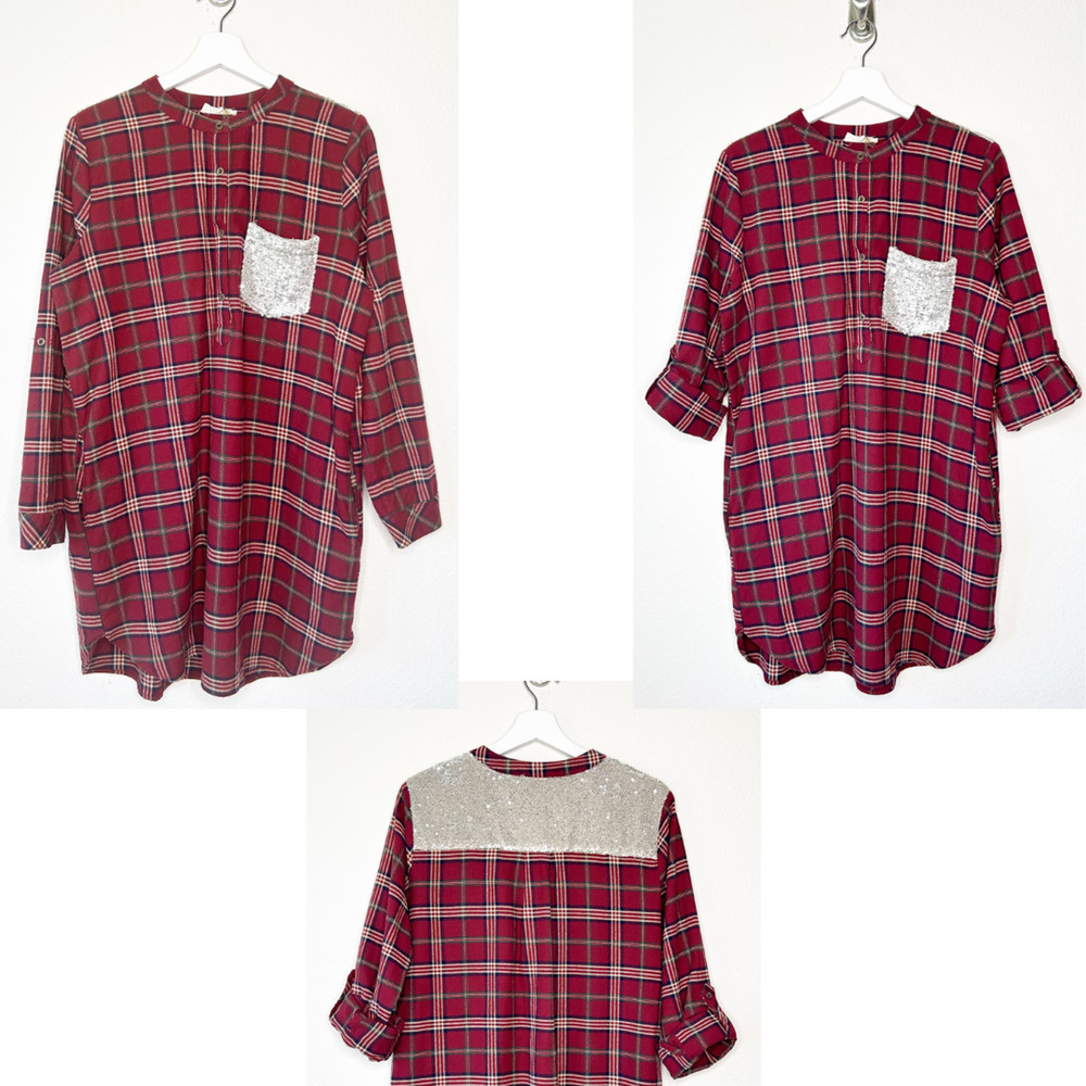 Entro Plaid Red Flannel Pocketed Roll Tab Sleeve Tunic with Sequin Trim L